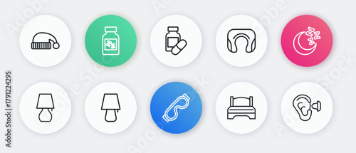 Set line Eye sleep mask, Moon and stars, Table lamp, Big bed, Travel neck pillow, Sleeping, Earplugs ear and icon. Vector