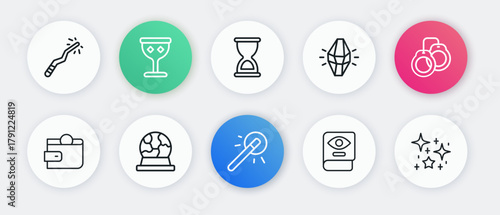 Set line Magic wand, Handcuffs, Wallet, Ancient magic book, stone, Old hourglass, Magical glitter particles and ball icon. Vector