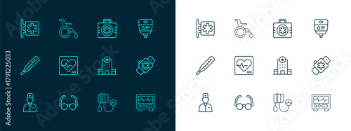 Set line IV bag, Glasses, Hospital building, Blood pressure, Heart rate, First aid kit, Emergency - Star of Life and Wheelchair for disabled person icon. Vector