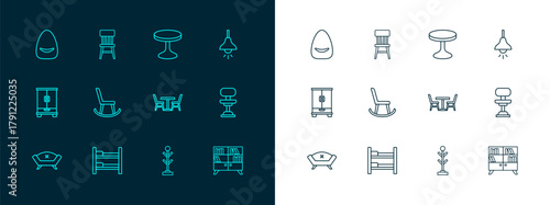 Set line Lamp hanging, Bunk bed, Table with chair, Coat stand, Armchair, Round table, Pouf and Chair icon. Vector
