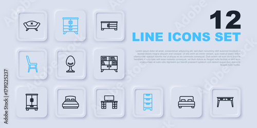 Set line Big bed, Office desk, Armchair, Chest of drawers, Chair, and icon. Vector