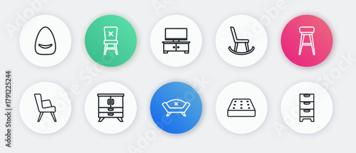Set line Sofa, Chair, Armchair, Mattress, TV table stand, Chest drawers and icon. Vector
