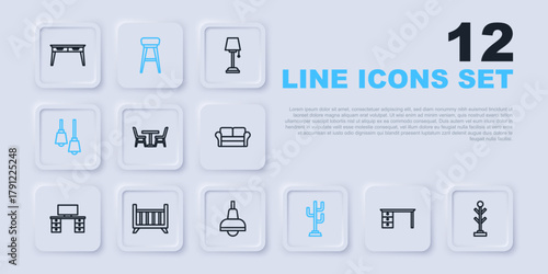 Set line Office desk, Coat stand, Table with chair, Lamp hanging, Baby crib cradle bed, Chair and icon. Vector
