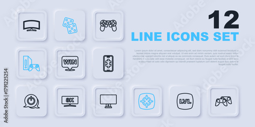 Set line Level game, Game controller or joystick, Medal, Target sport, console with, Computer monitor, dice and icon. Vector