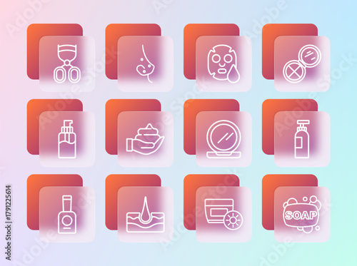 Set line Makeup powder with mirror, Human hair follicle, Sunscreen cream in tube, Shaving foam on hand, Facial cosmetic mask, Eyelash curler and Acne icon. Vector