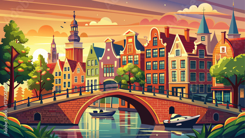 Very beautiful panoramic view of Amsterdam with its famous canals and bridges illuminated by warm afternoon light, showcasing Dutch charm and peaceful European scenery.