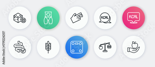 Set line Bathroom scales, Kcal, Intestines, Calorie calculator, Finger blood, Apple and Wheat icon. Vector