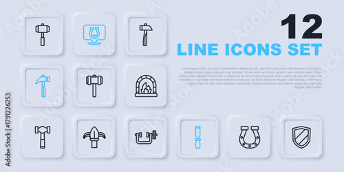 Set line Horseshoe, Shield, Sledgehammer, Rasp metal file, Hammer, Classic iron fence, and Clamp and screw tool icon. Vector