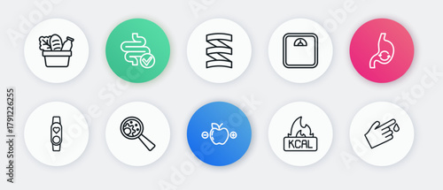 Set line Calorie calculator, Human stomach health, Smart watch with heart, Kcal, Bathroom scales, Sports nutrition proteine, Finger blood and GMO icon. Vector