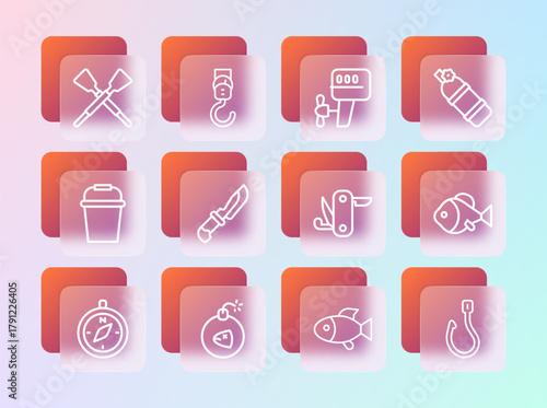 Set line Aqualung, Bomb, Swiss army knife, Fish, Knife, Outboard boat motor, Crossed oars paddles and Spring scale icon. Vector