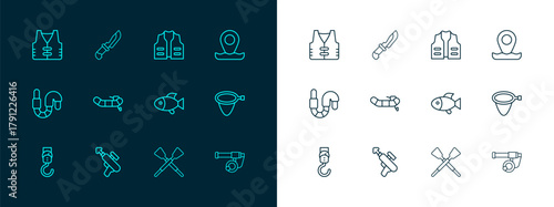 Set line Location fishing, Fishing harpoon, Crossed oars or paddles boat, Inflatable with motor, jacket, and Knife icon. Vector