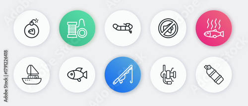 Set line Fishing rod, Dead fish, Yacht sailboat, Spinning reel for fishing, Speaker mute, Inflatable with motor, Aqualung and icon. Vector