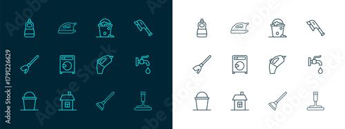 Set line Brush for cleaning, House, Portable vacuum cleaner, Rubber plunger, Washer, Bucket with foam and bubbles, Dishwashing liquid bottle and Electric iron icon. Vector