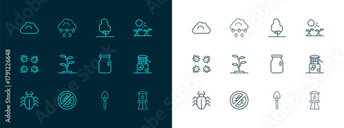 Set line Plant sprouts grow in the sun, Stop colorado beetle, Glass jar with screw-cap, Shovel, Sprout, Fruit tree, Cloudy weather and rain icon. Vector