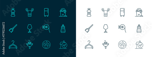 Set line Bucket with foam and bubbles, Washbasin, Toilet paper roll, Water drop, Wine glass, Refrigerator, Bottle for detergent and Towel on hanger icon. Vector