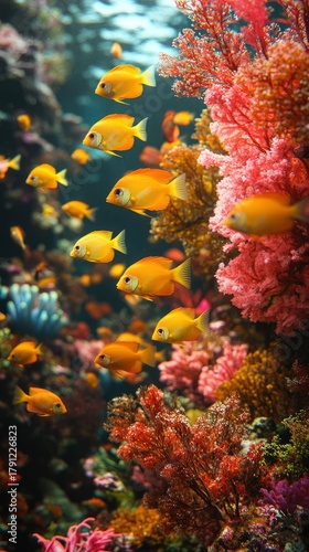Golden fishes in colorful coral reef aquarium