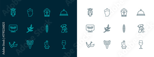 Set line Covered with tray of food, Carnival mask, French baguette bread, Bottle olive oil, Olives branch, Pope hat, Scooter and man icon. Vector