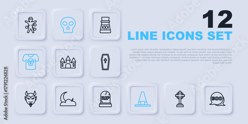 Set line Tombstone with cross, Boo speech bubble, Castle, Witch hat, Shirt skull, Moon and stars, Skull and RIP written icon. Vector