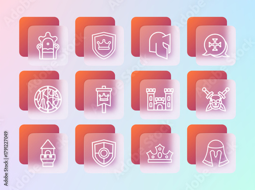 Set line Crusade, Shield, Castle, King crown, Medieval flag, helmet, throne and with icon. Vector