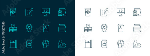 Set line Online ordering food, Soda can, Cup of tea, Round the clock delivery, Cafe and restaurant location, Coffee cup to go and Food icon. Vector