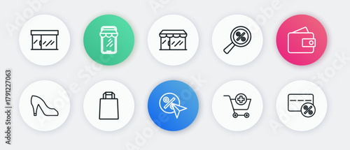 Set line Discount percent tag, Wallet, Woman shoe, Add to Shopping cart, Magnifying glass with, Market store, card and Paper shopping bag icon. Vector