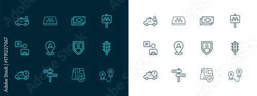 Set line Road sign for a taxi stand, traffic, Life insurance with shield, Location car, Stacks paper money cash, Broken and Taxi roof icon. Vector