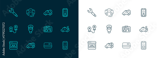 Set line Taxi driver license, Taximeter device, Credit card, waiting time, Wrench spanner and call telephone service icon. Vector