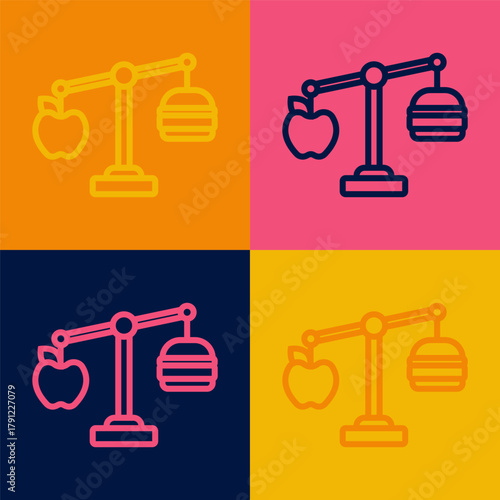 Pop art line Calorie calculator icon isolated on isolated on color background. Calorie count. Diet. Weight loss. Portion control. Healthy eating. Dietary nutrition. Vector