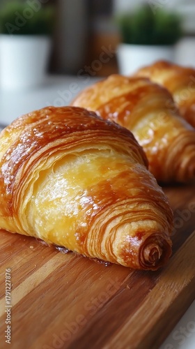 Fresh croissants on a wooden board