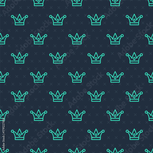 Green line Jester hat with bells isolated seamless pattern on blue background. Clown icon. Amusement park funnyman sign. Vector