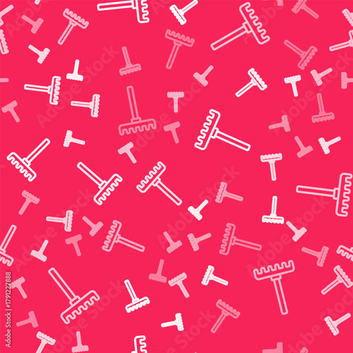 White line Garden rake icon isolated seamless pattern on red background. Tool for horticulture, agriculture, farming. Ground cultivator. Housekeeping equipment. Vector