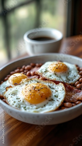 English breakfast plate of eggs bacon and beans