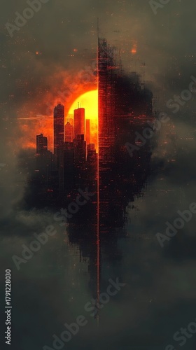 Apocalyptic city skyline with bright sun