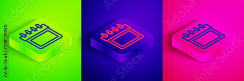 Isometric line Calendar icon isolated on green, blue and pink background. Event reminder symbol. Square button. Vector