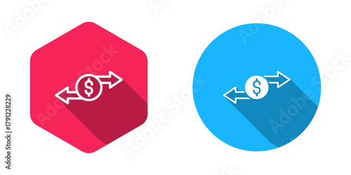 Filled and outline Money exchange icon isolated with long shadow background. Cash transfer symbol. Banking currency sign. Vector