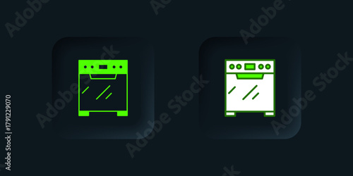 Green Oven icon isolated on black background. Stove gas oven sign. Black square button. Vector