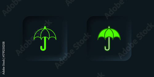 Green Umbrella icon isolated on black background. Insurance concept. Waterproof icon. Protection, safety, security concept. Black square button. Vector