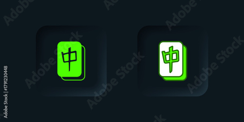 Green Mahjong pieces icon isolated on black background. Chinese mahjong red dragon game emoji. Black square button. Vector