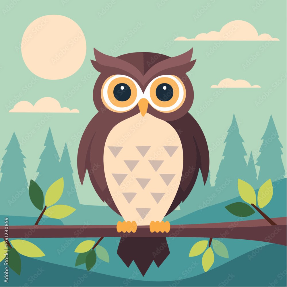 Naklejka premium An Illustration of a cartoon owl perched on a branch, in front of the sun. The scene is bright and friendly