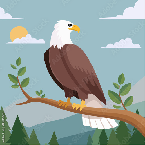 Majestic bald eagle perched on a tree branch, observing its surroundings 