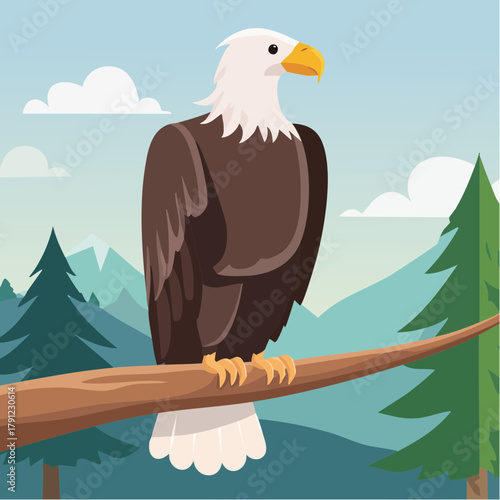 Majestic eagle perched on a branch, soaring through the skies. The bird of prey has a keen gaze and is surrounded by a backdrop of mountains and trees
