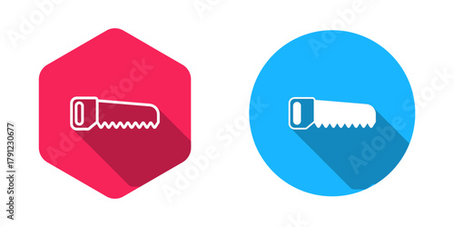 Filled and outline Hand saw icon isolated with long shadow background. Vector
