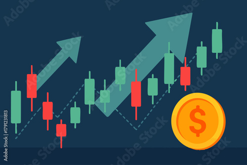 Financial market uptrend illustrated with candlestick chart, rising arrows, and golden dollar coin symbolizing profit.
