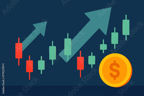 This vibrant illustration depicts a rising financial market with candlestick charts and an upward arrow, symbolizing successful investment growth and economic prosperity.
