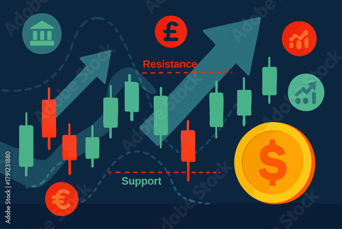 A dynamic illustration showcasing financial market trends with candlestick charts, currency symbols, and key trading indicators like resistance and support levels.