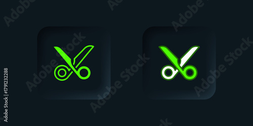 Green Scissors icon isolated on black background. Cutting tool sign. Black square button. Vector