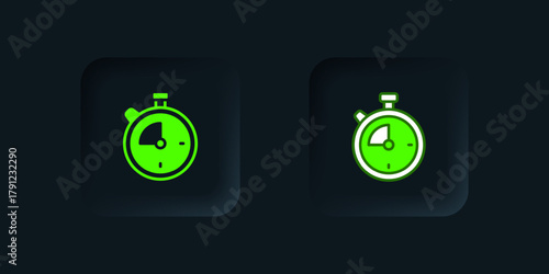 Green Stopwatch icon isolated on black background. Time timer sign. Chronometer sign. Black square button. Vector