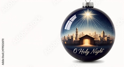 Fototapeta Naklejka Na Ścianę i Meble -  Christmas ornament with nativity scene of Bethlehem. Religious Christian decoration with Star of Bethlehem and O Holy Night text. Isolated holiday bauble with copy space