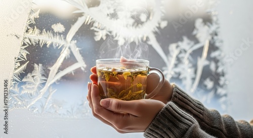 Woman holding a cup of herbal tea by the frosted window  