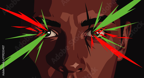 An intense close-up illustration of a person's eyes emitting vibrant red and green laser beams, symbolizing powerful vision and focused energy.